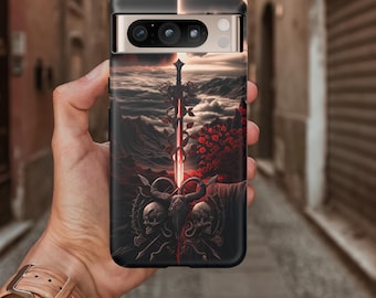 Puede incluir: Funda de teléfono negra con un diseño de arte fantástico. La obra de arte representa una espada roja brillante, calaveras y un paisaje montañoso con un cielo rojo. La funda tiene un borde negro y un recorte para la cámara.