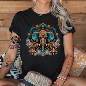 Bohemian Elephant Graphic Tee, Relaxed Casual Wear, Yoga Gift, Festival Shirt, Nature Lover T-Shirt, Spiritual Apparel, Animal Inspired