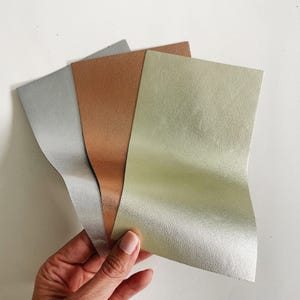 Metallic Leather Pieces in Silver, Gold and Rose Gold, 4x7 inch / 12x19cm size, 2 oz garment leather, smooth, flexible, shiny leather