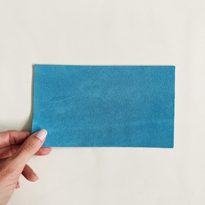 Blue Suede Leather Sheet, colored cowhide, smooth, plush, flexible genuine leather, 3 oz garment leather, 4x7 inch / 12x19cm size.