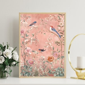 Chinoiserie Wall Art | Pink Chinoiserie Floral Bird Print | Vintage Oriental Decor | Botanical Blossom Art | Elegant Living Room Wall Print