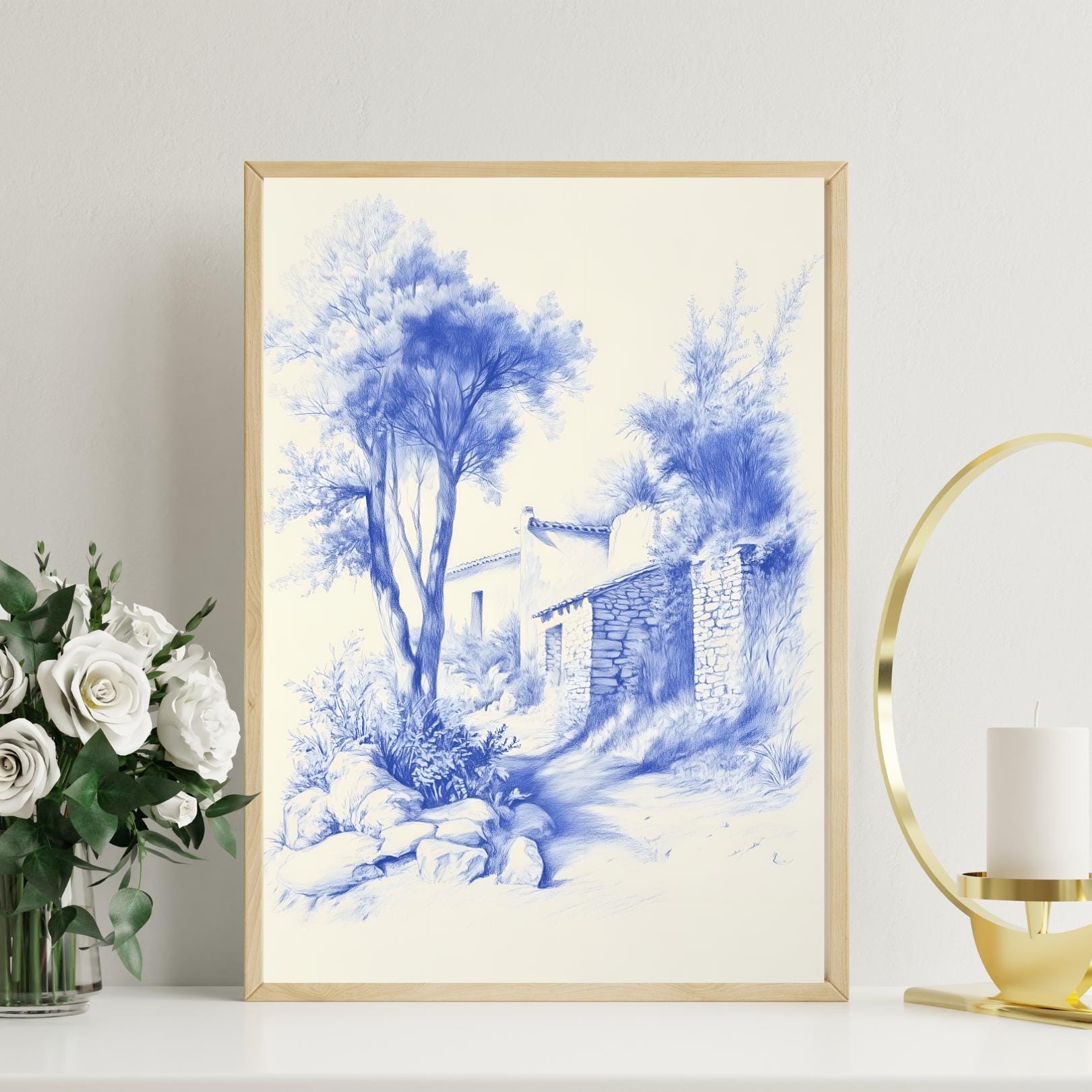 Chinoiserie Wall Art | Chinoiserie Blue & White Landscape Print ...