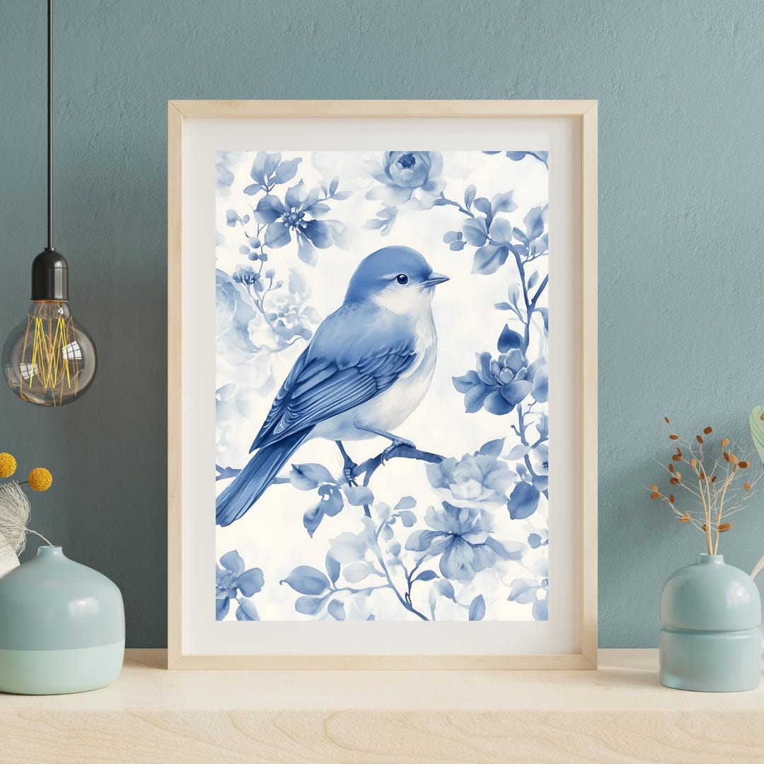 Chinoiserie Wall Art | Chinoiserie Bird Print | Vintage Blue Floral ...