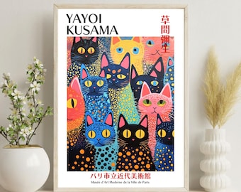 Yayoi Kusama Art Print | Japanese Cat Abstract Poster | Modern Japandi Style Decor | Kusama Inspired Wall Art | Yayoi Kusama Poster