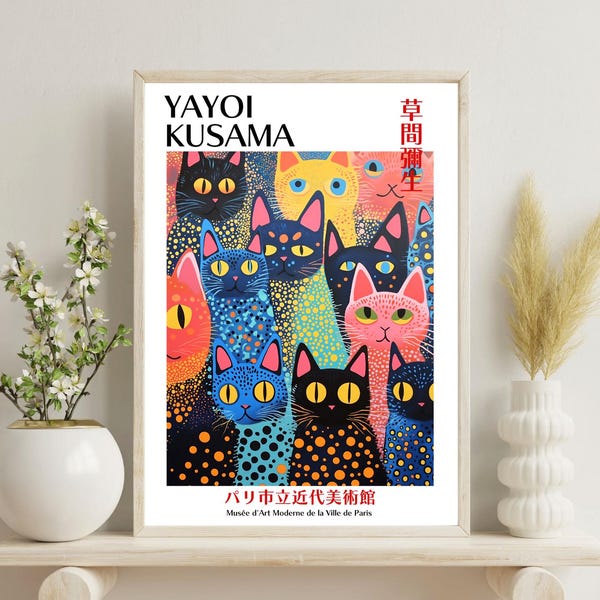 Yayoi Kusama Art Print | Japanese Cat Abstract Poster | Modern Japandi Style Decor | Kusama Inspired Wall Art | Yayoi Kusama Poster