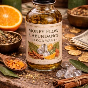 May include: A glass bottle of "Money Flow & Abundance - Floor Wash" with a black cap, surrounded by ingredients like orange slices, cinnamon sticks, and crystals. Green candles and gold coins are in the background. The bottle label features botanical illustrations.
