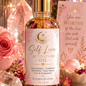 May include: A clear glass dropper bottle containing golden oil, dried rose petals, and small crystals. The label reads Self Love ACTIVATION OIL, Heart Healing, Confidence, Self-Worth, Inner Beauty, Love & Compassion, Handcrafted with intention, 1 OZ | 30 ML.
