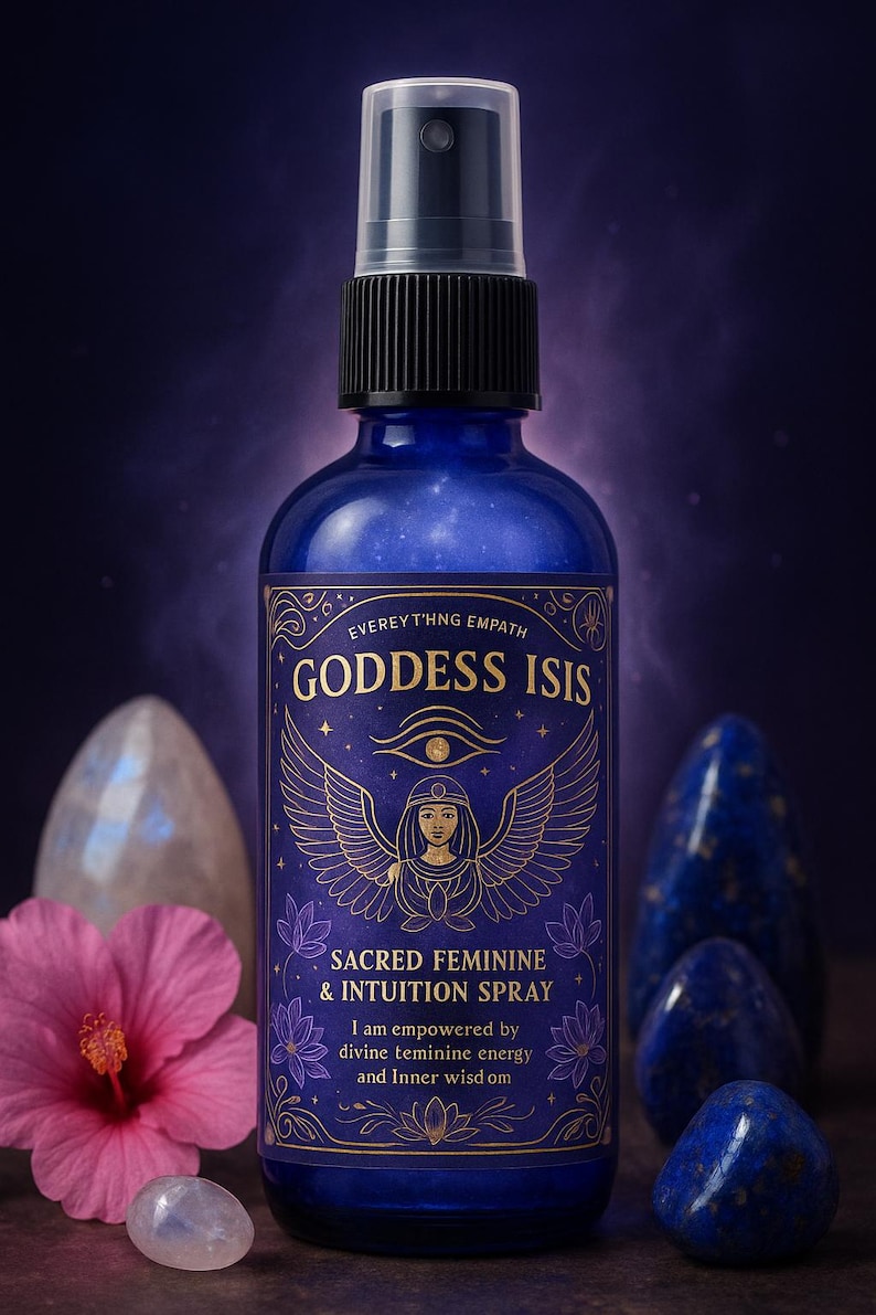 May include: A dark blue Goddess Isis Sacred Feminine & Intuition Spray bottle with a black spray top. The label features gold text and an illustration of a woman with wings. The bottle is surrounded by crystals and a pink flower.