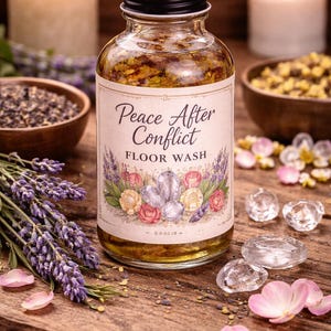 May include: A glass bottle of "Peace After Conflict Floor Wash" with a black cap, surrounded by candles, lavender, and crystals. The label features floral illustrations in soft colors. The scene is set on a rustic wooden surface.