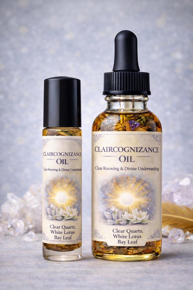 May include: Two glass bottles of Claircognizance Oil with black caps and labels. The labels feature the text "Claircognizance Oil" and "Clear Knowing & Divine Understanding". The bottles contain a golden liquid with floral elements.