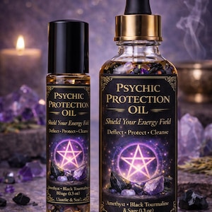 May include: Two clear glass bottles of Psychic Protection Oil with black caps. The labels feature a glowing purple pentagram, text reading 'Shield Your Energy Field', and list Amethyst, Black Tourmaline, and Sage. One bottle is 1.3 oz and one is 1 oz.