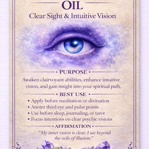 Puede incluir: Tarjeta con las palabras "Clairvoyance Oil" y "Clear Sight & Intuitive Vision". Presenta una ilustraci&oacute;n detallada de un ojo azul, con texto sobre su prop&oacute;sito, mejor uso y una afirmaci&oacute;n.