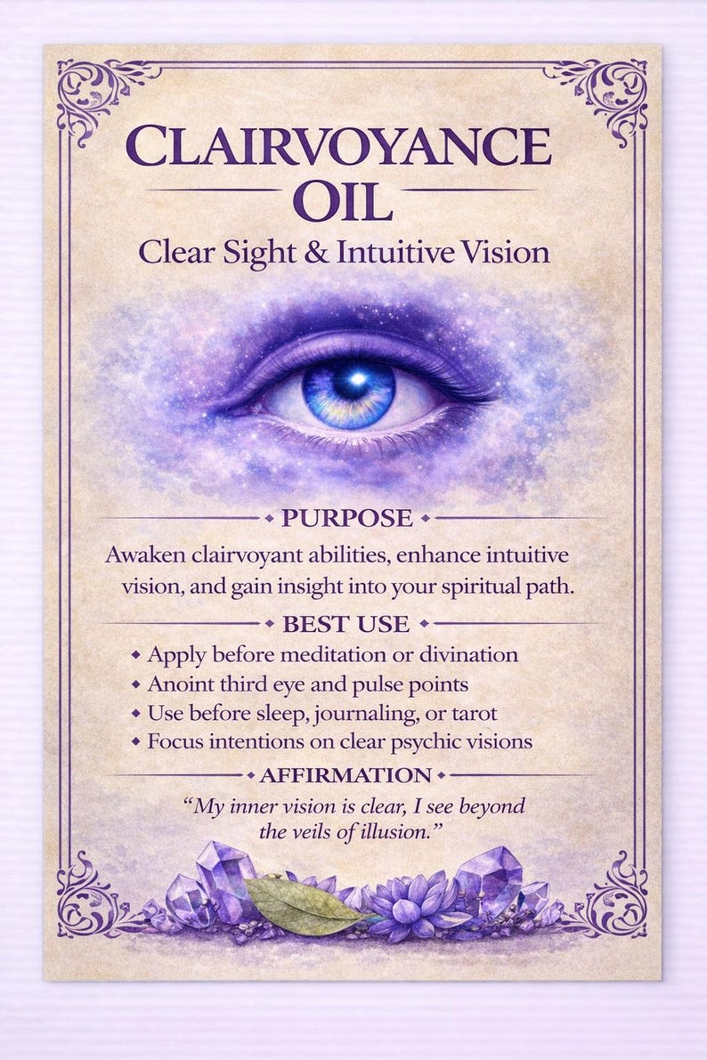 Puede incluir: Tarjeta con las palabras "Clairvoyance Oil" y "Clear Sight & Intuitive Vision". Presenta una ilustraci&oacute;n detallada de un ojo azul, con texto sobre su prop&oacute;sito, mejor uso y una afirmaci&oacute;n.