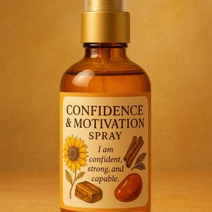 May include: Amber glass spray bottle with a gold-colored top. The label reads "CONFIDENCE & MOTIVATION SPRAY" with a sunflower, cinnamon sticks, and other illustrations. The text on the label says "I am confident, strong, and capable."