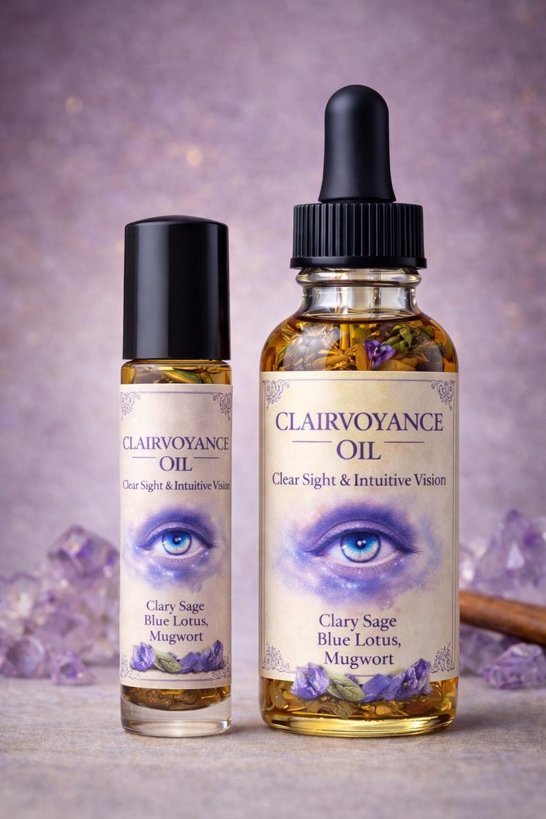 Puede incluir: Dos botellas de aceite Clairvoyance, una con aplicador de bola y otra con cuentagotas. Las etiquetas muestran un dise&ntilde;o de ojo azul y el texto "Clear Sight & Intuitive Vision". Se enumeran los ingredientes.