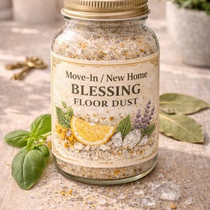 May include: A glass jar filled with floor dust, labeled "Move-In / New Home BLESSING FLOOR DUST." The label features illustrations of a lemon slice, herbs, and crystals. The jar has a gold lid and is surrounded by herbs and crystals.