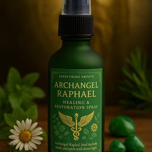 Peut inclure: Une bouteille de spray en verre vert avec un bouchon noir, étiquetée "Archangel Raphael Healing & Restoration Spray". L'étiquette comprend du texte et un symbole de caducée. Des pierres vertes, une marguerite et du feuillage sont également visibles.