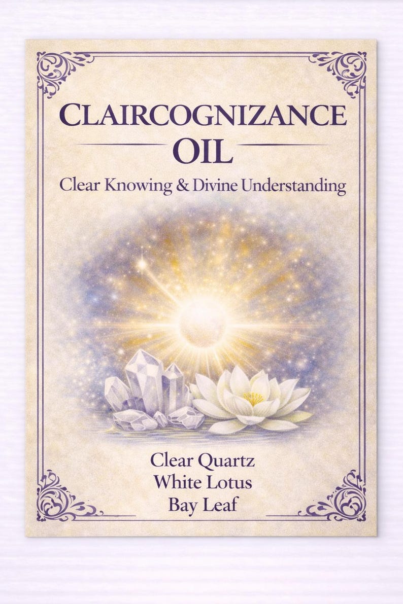 May include: A beige card with the words "CLAIRCOGNIZANCE OIL" in purple. The card features a bright light emanating from the center, with crystals and a white lotus flower at the bottom. Text on the card reads "Clear Knowing & Divine Understanding."