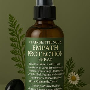 May include: A brown glass spray bottle with a black cap and a green label that reads "Clairsentience & Empath Protection Spray." The bottle is surrounded by crystals, a sprig of greenery, and a daisy. The bottle contains 4 oz.
