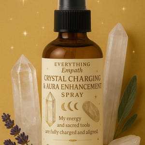 May include: A brown glass bottle with a black spray nozzle labeled "Everything Empath Crystal Charging & Aura Enhancement Spray." The label includes text and illustrations. The bottle is flanked by quartz crystals and lavender sprigs against a gold background.
