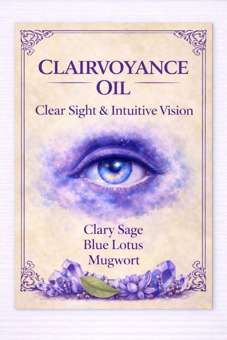 Puede incluir: Tarjeta rectangular con borde morado y texto "CLAIRVOYANCE OIL". La tarjeta presenta una pintura de acuarela de un ojo azul y las palabras "Clear Sight & Intuitive Vision". Debajo, las palabras "Clary Sage, Blue Lotus, Mugwort".
