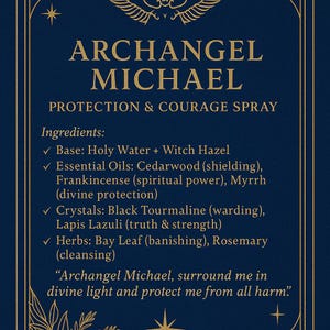 May include: A navy blue product label with gold accents and text that reads "Archangel Michael Protection & Courage Spray." The label lists ingredients like holy water, essential oils, crystals, and herbs. A quote is also included.