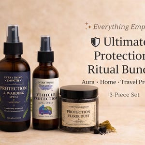 May include: A three-piece set of ritual protection products. The set includes two spray bottles and a jar of floor dust. The bottles are dark amber with black spray tops and labels. The jar has a black lid and a label. The text on the image reads "Ultimate Protection Ritual Bundle".