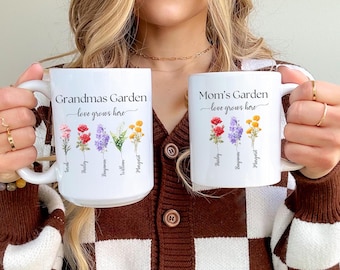 Personlig mormors trädgårdsmugg Anpassad födelseblomsmugg för mamma Söt mors dag-present Födelsemånad Blomsmugg Födelsemånad Mormors present
