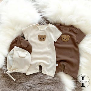 Baby Bear Jumpsuit, Cartoon Bear Theme Outfit, Embroidered Teddy Onesie, Waffle Baby Romper, Unisex Newborn Jumper, Trendy Baby Outfit