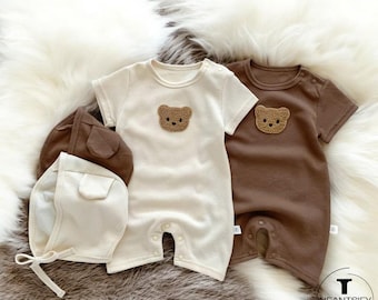Baby Bear Jumpsuit, Cartoon Bear Theme Outfit, Embroidered Teddy Onesie, Waffle Baby Romper, Unisex Newborn Jumper, Trendy Baby Outfit