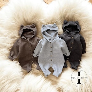 Autumn Baby Romper, Hooded Baby Jumpsuit, Seasonal Baby Outfit, Minimalist Baby Overalls, Stylish Baby Wear, Casual Baby Apparel