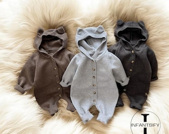 Autumn Baby Romper, Hooded Baby Jumpsuit, Seasonal Baby Outfit, Minimalist Baby Overalls, Stylish Baby Wear, Casual Baby Apparel