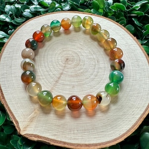 Multicolor Agate Stretch Bracelet – Natural Gemstone Bead Healing Jewelry – Earthy Tones Boho Crystal Bracelet – Everyday Gift