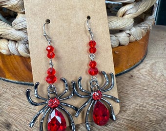 Spooky Sparkle Spider Earrings – Red Crystal Halloween Jewelry