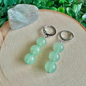 Green Aventurine Dangle Hoop Earrings: Lucky Gemstone Healing Jewelry