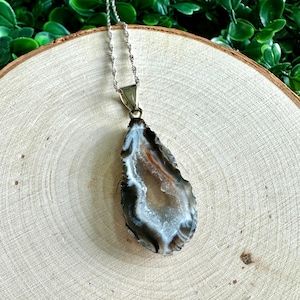Raw Agate Geode Slice Necklace: Silver Tone Chain, Crystal Healing