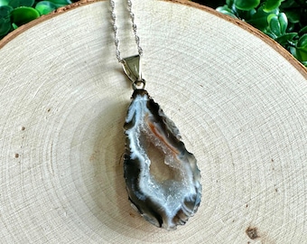 Raw Agate Geode Slice Necklace: Silver Tone Chain, Crystal Healing