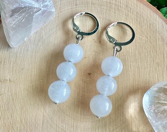 Moonstone Dangle Hoop Earrings: Silver-Tone Lever-Back, Intuition Crystal