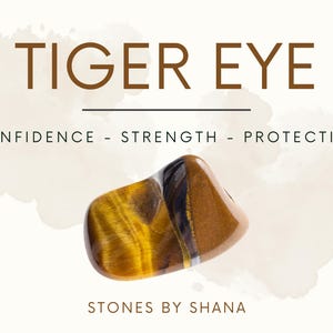 May include: Tiger Eye stone with brown, gold, and black stripes. The stone is a tumbled, smooth, polished shape. The text "TIGER EYE" is above the stone, and the text "CONFIDENCE - STRENGTH - PROTECTION" is below the stone. The text "STONES BY SHANA" is at the bottom of the image.
