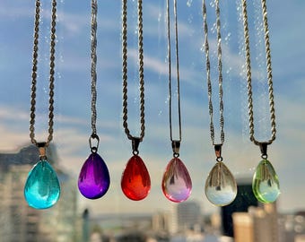 Iridescent Teardrop Necklace: Color-Changing Glass, Sterling Silver Chain