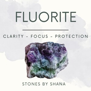 May include: A purple and green fluorite crystal with the text "FLUORITE" above it and "CLARITY - FOCUS - PROTECTION" below it. The text "STONES BY SHANA" is at the bottom of the image.