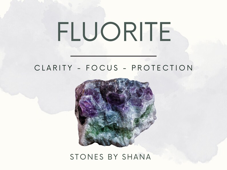 May include: A purple and green fluorite crystal with the text "FLUORITE" above it and "CLARITY - FOCUS - PROTECTION" below it. The text "STONES BY SHANA" is at the bottom of the image.