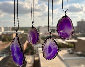 Purple Agate Slice Necklace: Raw Edge Geode Pendant, Dark Chain Boho Jewelry
