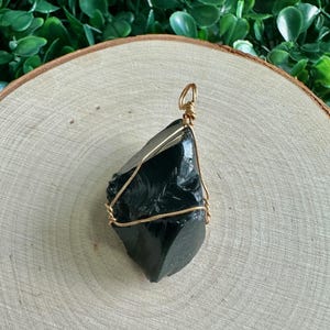 Gold Wire Wrapped Black Obsidian Pendant: Raw Stone Boho Jewelry