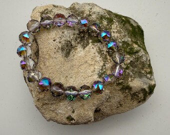 Iridescent AB Crystal Stretch Bracelet – Faceted Glass Bead Bracelet, Rainbow Shimmer Statement Jewelry