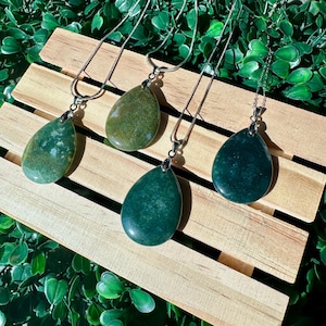 Moss Agate Teardrop Necklace: Polished Green Crystal Pendant