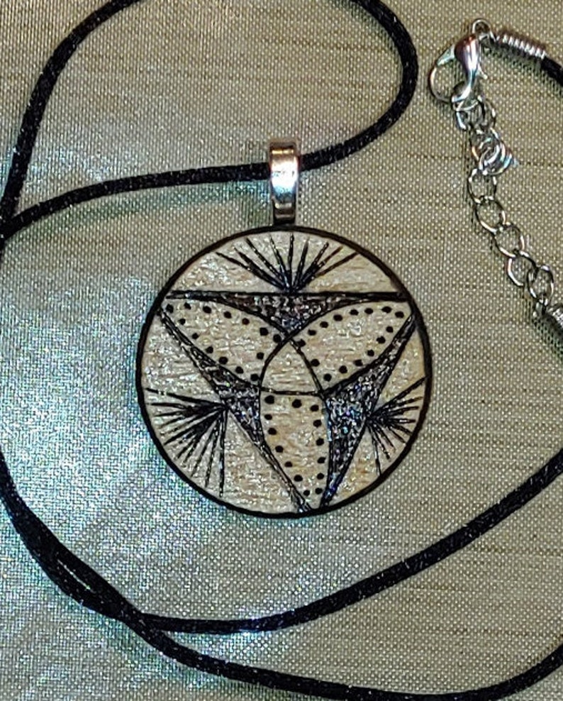 Wood Burned Wooden Disk Necklace Trinity Image 0