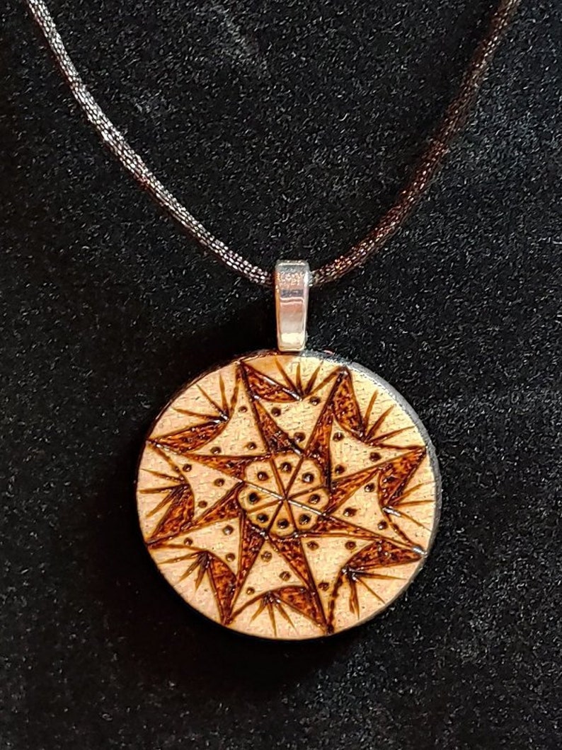 Wood Burned Mandala 13 On A Wooden Disk Necklace Image 0