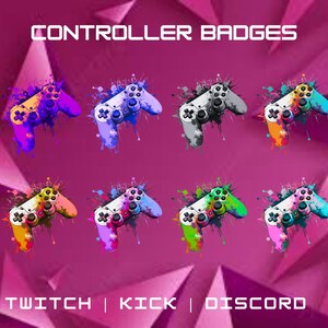 Puede incluir: Un conjunto de diez insignias de mando coloridas que presentan un mando de videojuego estilizado en varios colores, incluidos el azul, el verde, el naranja, el morado y el amarillo. Las insignias están diseñadas para Twitch, Kick y Discord.