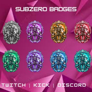 Puede incluir: Un conjunto de nueve insignias Subzero en diferentes colores, incluyendo plata, morado, oro, rojo, verde, azul y turquesa. Las insignias presentan una figura de guerrero con una espada y un escudo. El texto "Subzero Badges" está en la parte superior de la imagen, y el texto "Twitch | Kick | Discord" está en la parte inferior.